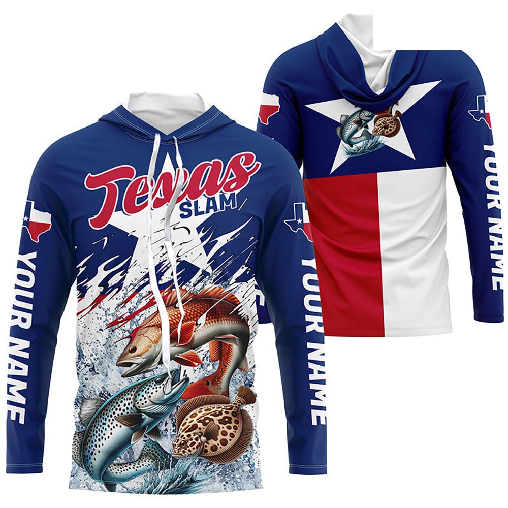 Redfish Trout Flounder Texas Slam Custom Long Sleeve Fishing Shirts, Texas Flag Fishing Shirts IPHW7004
