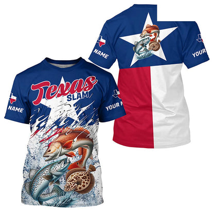 Redfish Trout Flounder Texas Slam Custom Long Sleeve Fishing Shirts, Texas Flag Fishing Shirts IPHW7004