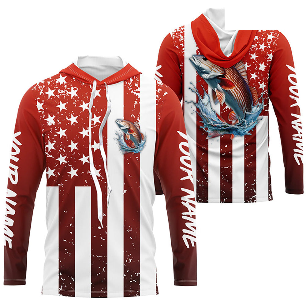 Custom Redfish Long Sleeve Tournament Fishing Shirts, Grunge American Flag Patriotic Fishing Shirts IPHW5604
