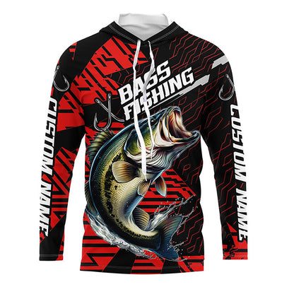 Black And Red Custom Bass Fishing Jerseys, Largemouth Bass Long Sleeve Tournament Fishing Shirts IPHW6198