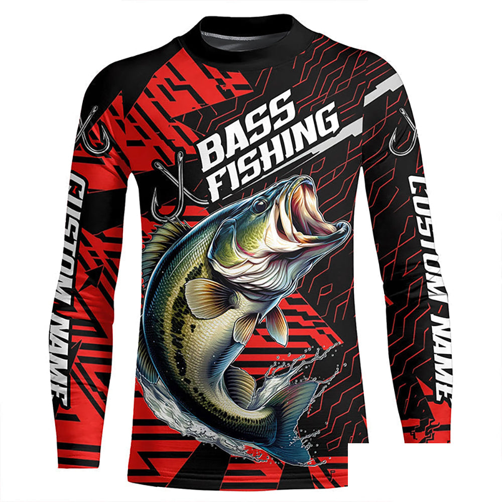 Black And Red Custom Bass Fishing Jerseys, Largemouth Bass Long Sleeve Tournament Fishing Shirts IPHW6198