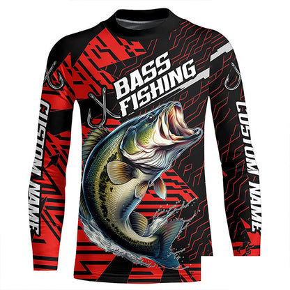Black And Red Custom Bass Fishing Jerseys, Largemouth Bass Long Sleeve Tournament Fishing Shirts IPHW6198