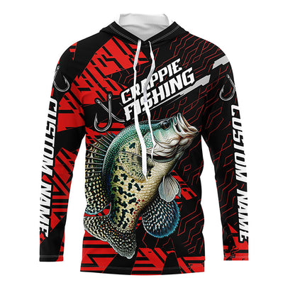 Black And Red Custom Crappie Fishing Jerseys, Crappie Long Sleeve Tournament Fishing Shirts IPHW6199