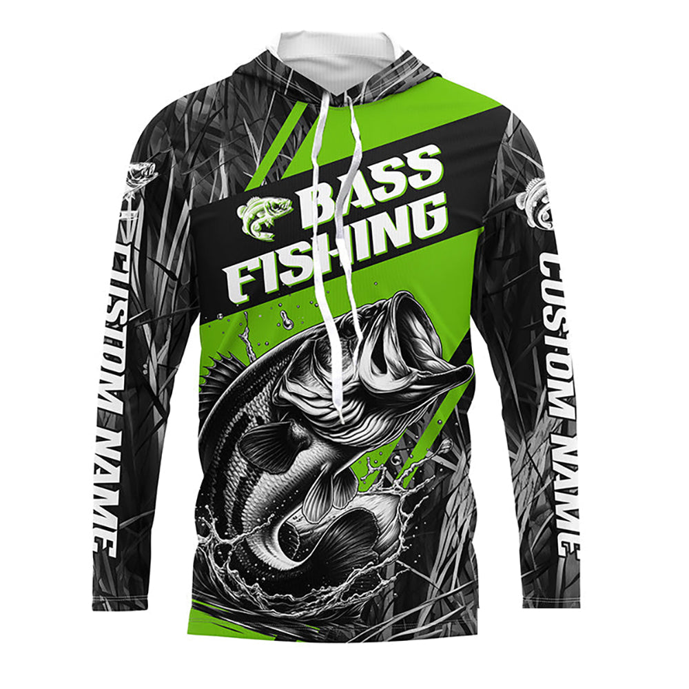 Black And Green Camo Bass Long Sleeve Tournament Fishing Shirts, Custom Bass Fishing Jerseys IPHW6684