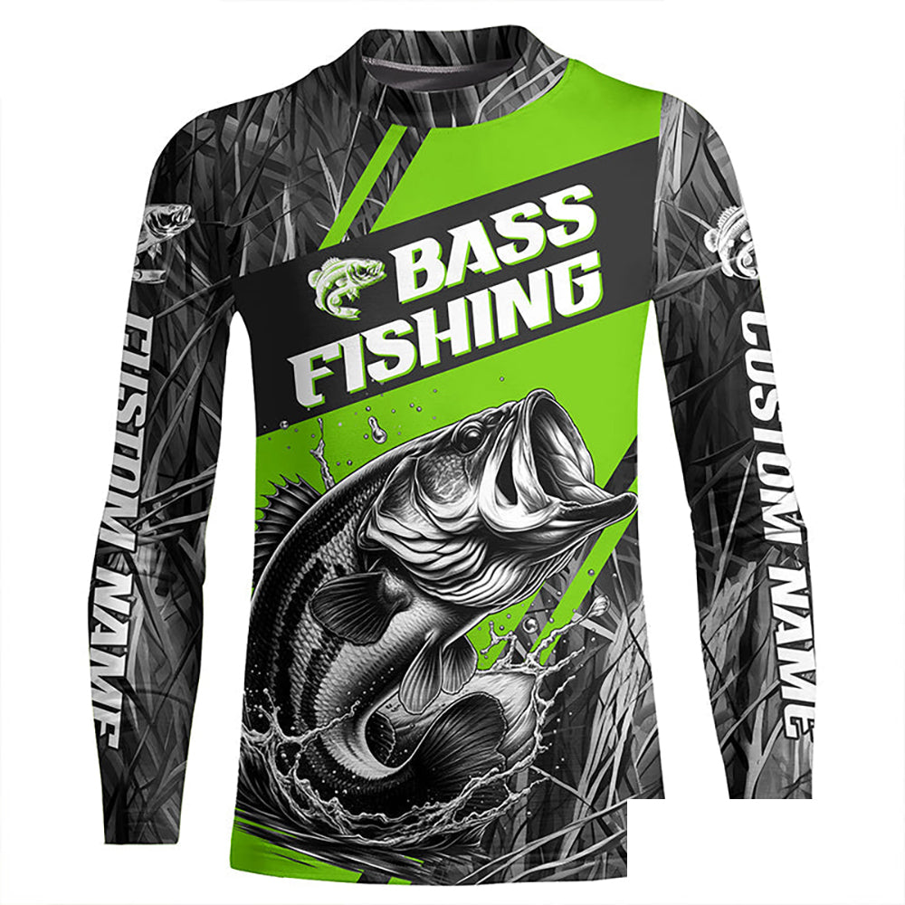Black And Green Camo Bass Long Sleeve Tournament Fishing Shirts, Custom Bass Fishing Jerseys IPHW6684