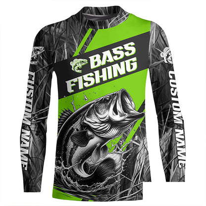 Black And Green Camo Bass Long Sleeve Tournament Fishing Shirts, Custom Bass Fishing Jerseys IPHW6684