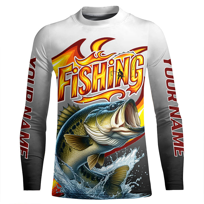 Custom Largemouth Bass Flame Fishing Shirts, Bass Long Sleeve Fishing Jerseys Fishing Gifts IPHW6688