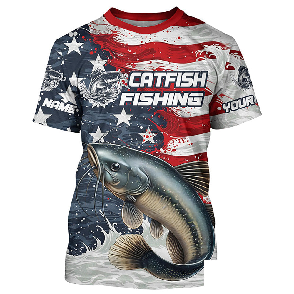 Catfish Fishing Custom Long Sleeve Fishing Shirts, American Flag Patriotic Catfish Fishing Shirt IPHW7013
