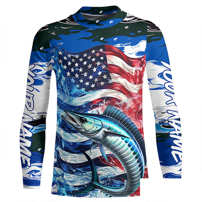 Wahoo Fishing Custom Long Sleeve Performance Shirts, American Flag Patriotic Wahoo Fishing Shirt IPHW7022