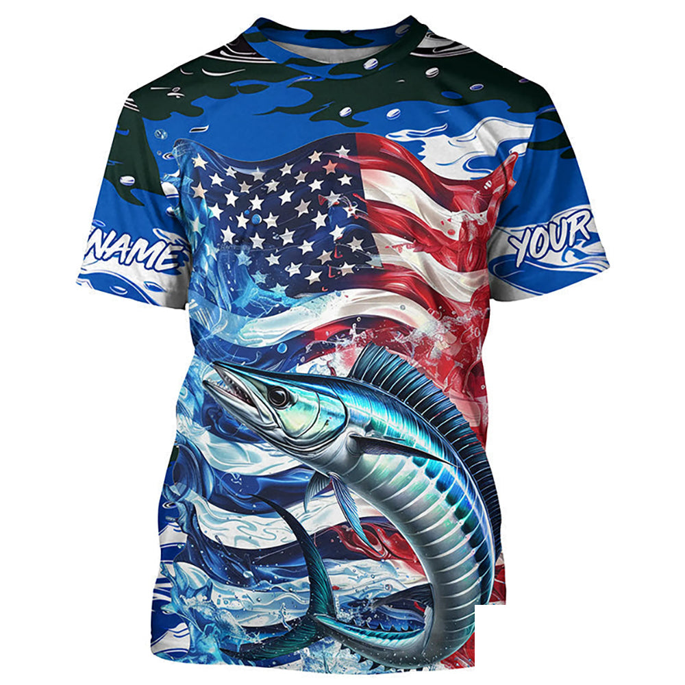 Wahoo Fishing Custom Long Sleeve Performance Shirts, American Flag Patriotic Wahoo Fishing Shirt IPHW7022