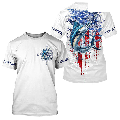 American Flag Marlin Fishing Custom Long Sleeve Fishing Shirts, Patriotic Saltwater Fishing Shirt IPHW7039