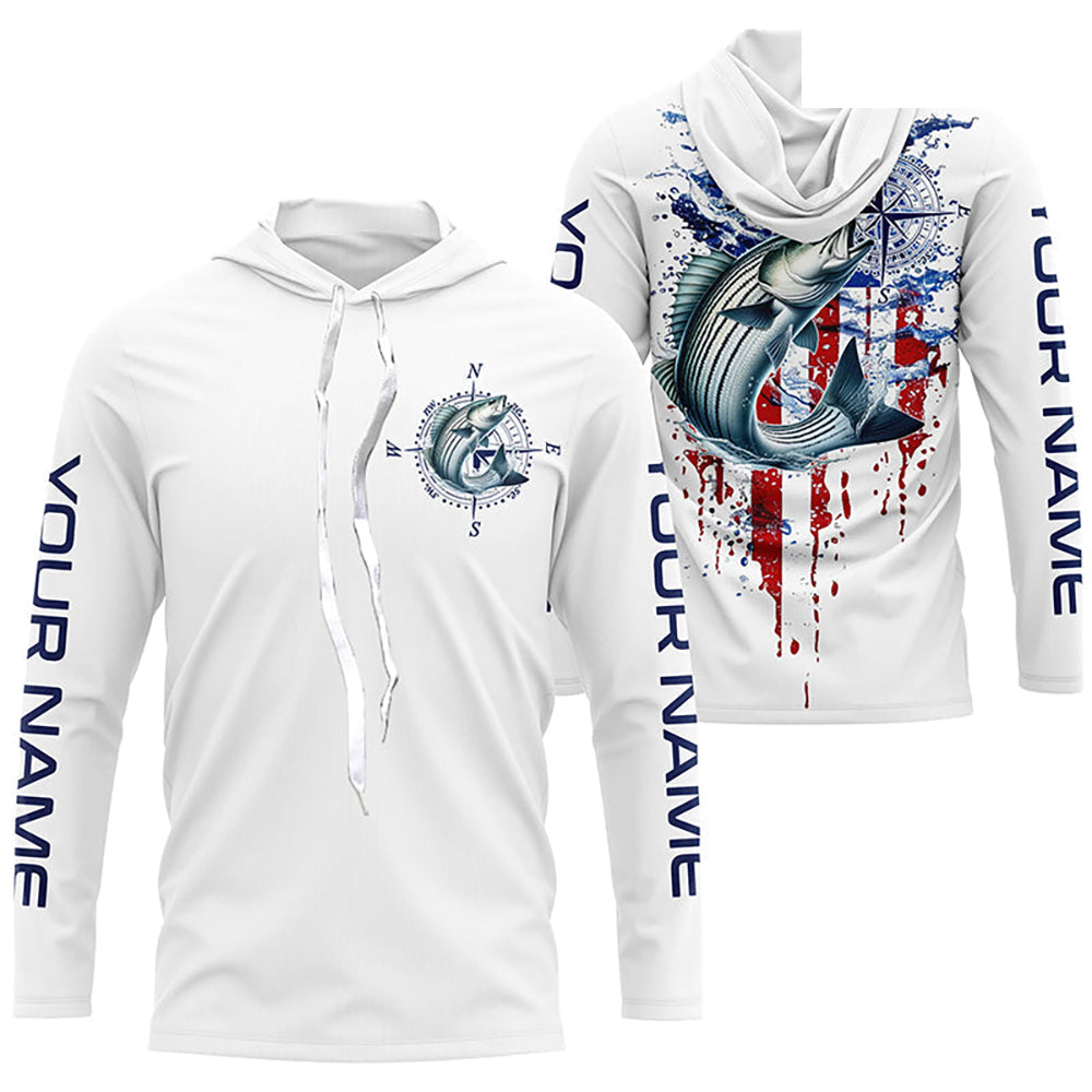 American Flag Striped Bass Fishing Custom Long Sleeve Shirts, Patriotic Saltwater Fishing Shirt IPHW7040