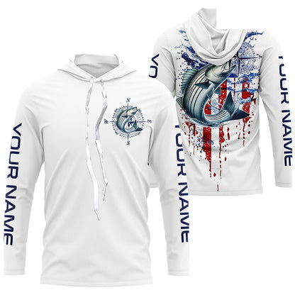 American Flag Striped Bass Fishing Custom Long Sleeve Shirts, Patriotic Saltwater Fishing Shirt IPHW7040