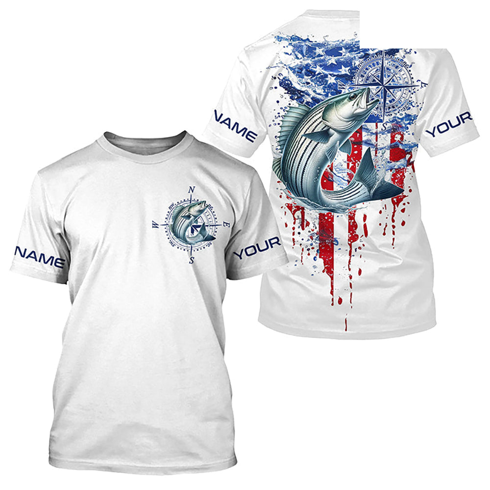 American Flag Striped Bass Fishing Custom Long Sleeve Shirts, Patriotic Saltwater Fishing Shirt IPHW7040