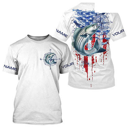 American Flag Striped Bass Fishing Custom Long Sleeve Shirts, Patriotic Saltwater Fishing Shirt IPHW7040