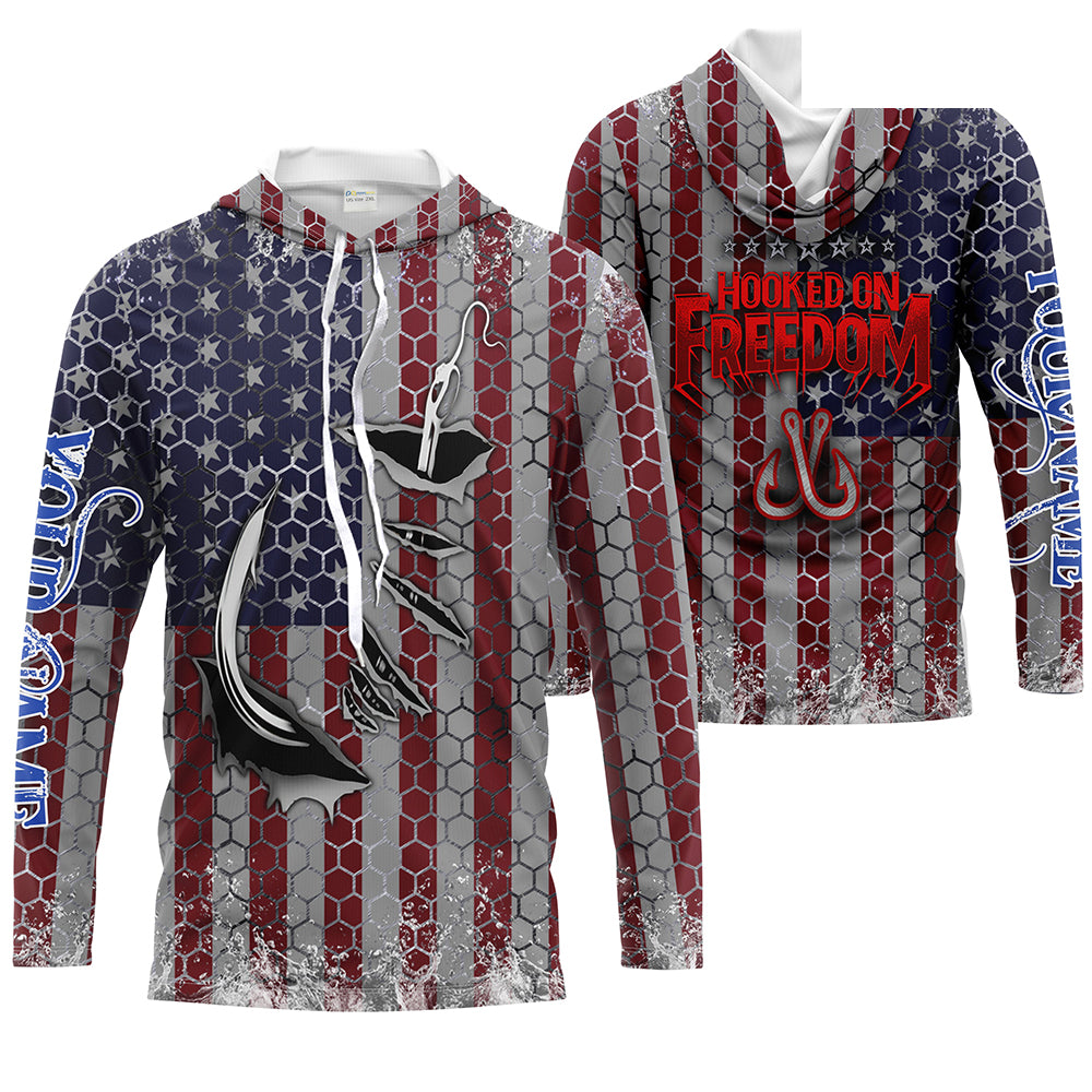 American Flag Fish Hook Custom Men Long Sleeve Fishing Shirts Personalized Patriotic Fishing Gifts - HPW32