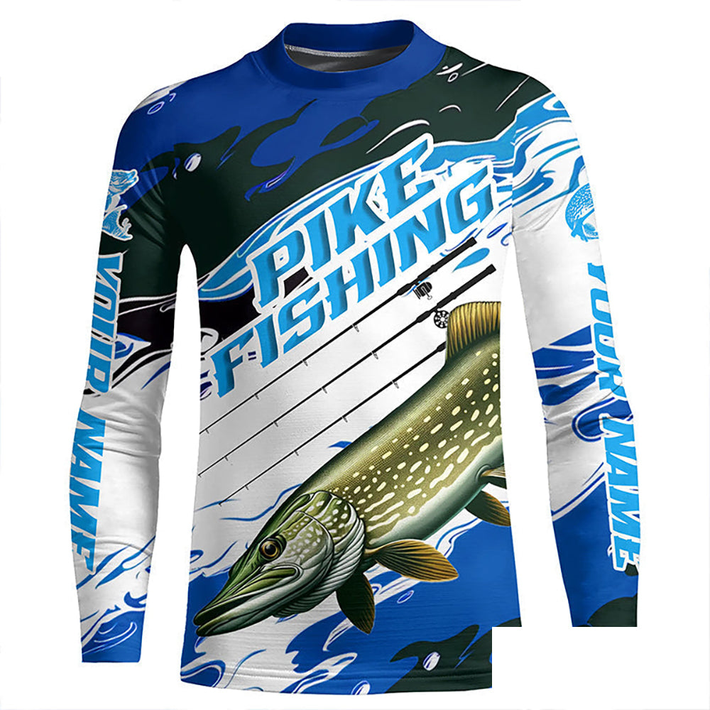 Custom Northern Pike Long Sleeve Tournament Fishing Shirts, Pike Fishing Jerseys | Blue Camo IPHW6232
