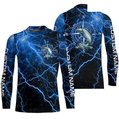 Black And Blue Thunder Lightning Chinook Salmon Fishing Custom Long Sleeve Saltwater Fishing Shirts IPHW6252