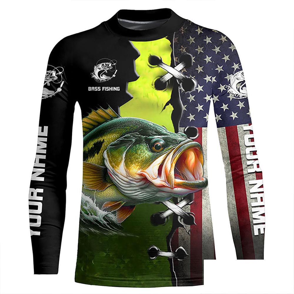 Personalized American Flag Bass Fishing Shirts, Patriotic Bass Tournament Fishing Shirts IPHW5704