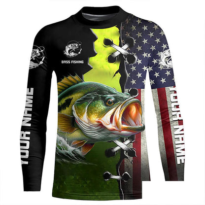 Personalized American Flag Bass Fishing Shirts, Patriotic Bass Tournament Fishing Shirts IPHW5704