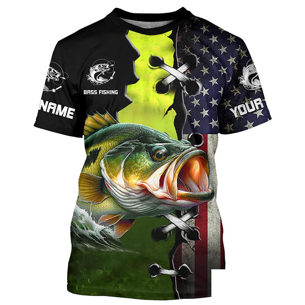 Personalized American Flag Bass Fishing Shirts, Patriotic Bass Tournament Fishing Shirts IPHW5704