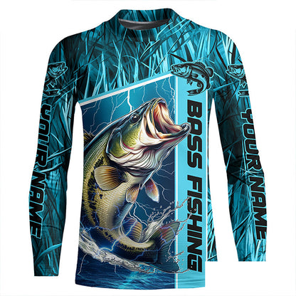 Custom Teal Blue Camo Bass Long Sleeve Tournament Fishing Shirts, Bass Fishing Jerseys IPHW5826
