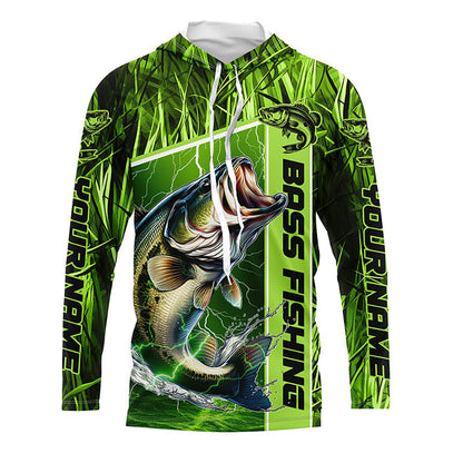 Custom Green Camo Bass Long Sleeve Tournament Fishing Shirts, Bass Fishing Jerseys IPHW5827