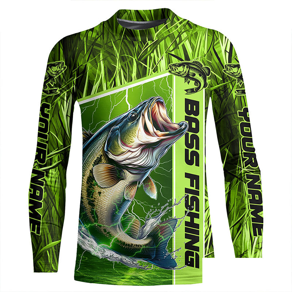 Custom Green Camo Bass Long Sleeve Tournament Fishing Shirts, Bass Fishing Jerseys IPHW5827