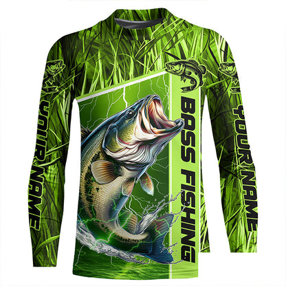 Custom Green Camo Bass Long Sleeve Tournament Fishing Shirts, Bass Fishing Jerseys IPHW5827