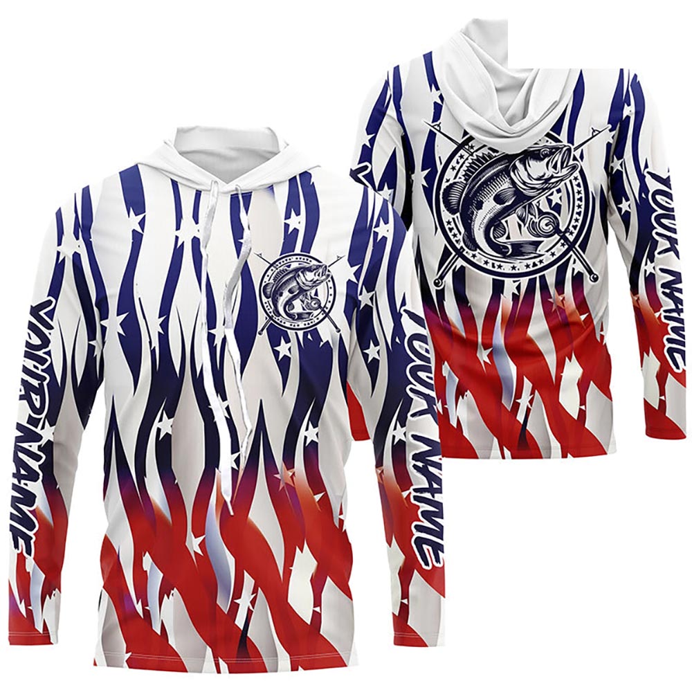 Flaming American Flag Custom Bass Long Sleeve Fishing Shirts, Patriotic Bass Fishing Jerseys IPHW5979