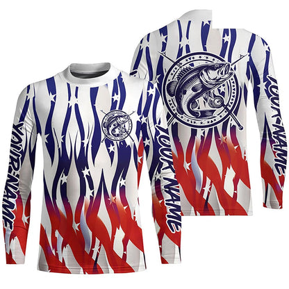 Flaming American Flag Custom Bass Long Sleeve Fishing Shirts, Patriotic Bass Fishing Jerseys IPHW5979
