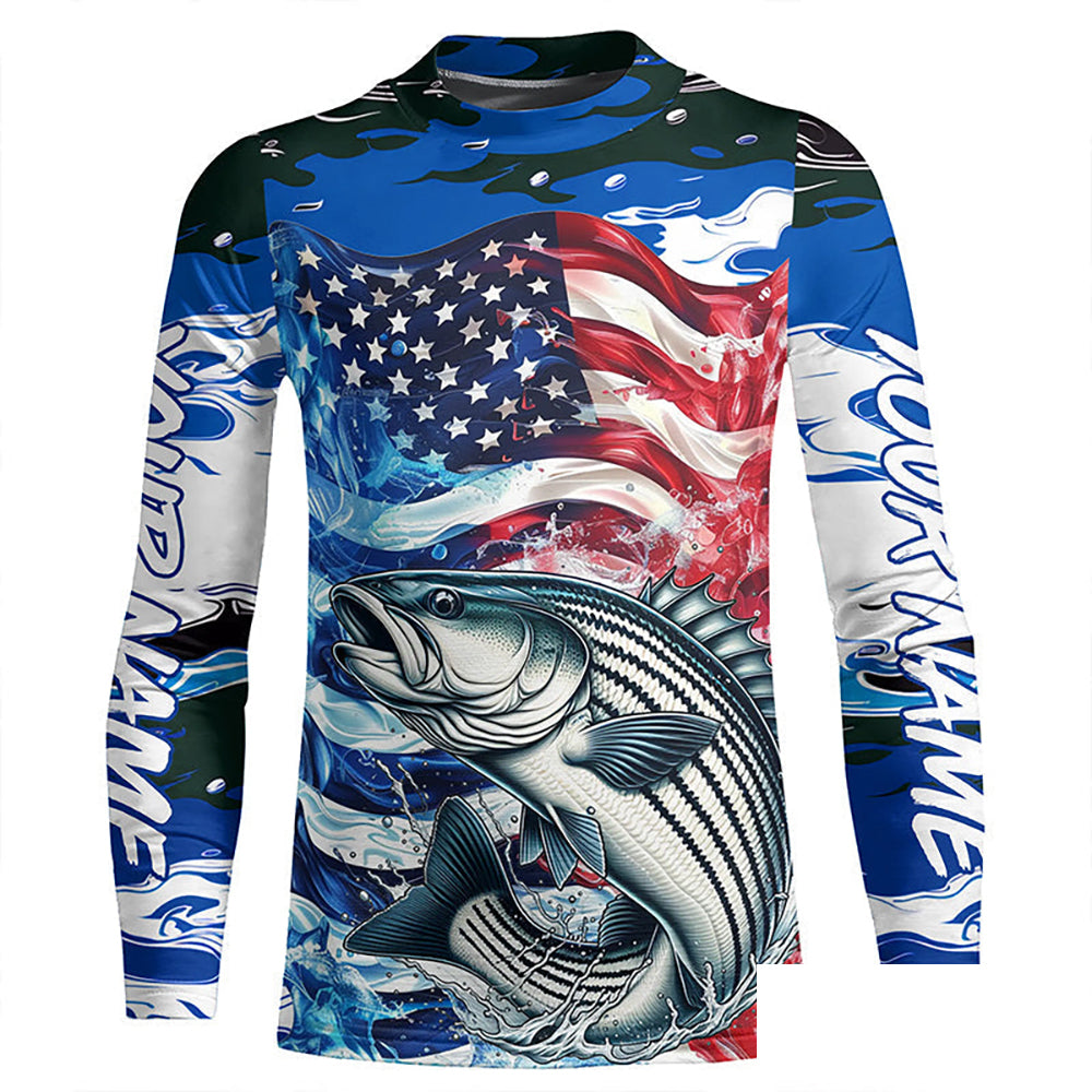Custom American Flag Striped Bass Long Sleeve Fishing Shirts, Blue Camo Striper Fishing Jerseys IPHW6008