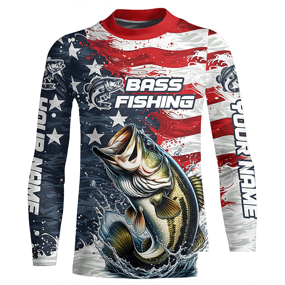 Personalized American Flag Bass Long Sleeve Fishing Shirts, Patriotic Bass Fishing Jerseys IPHW6009