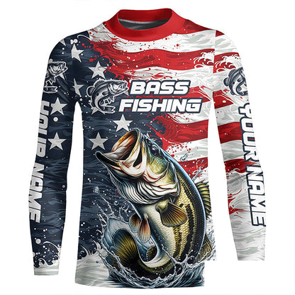 Personalized American Flag Bass Long Sleeve Fishing Shirts, Patriotic Bass Fishing Jerseys IPHW6009