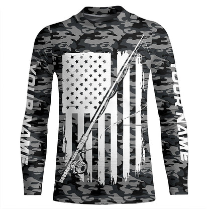 Gray Camo Us Fishing Rod American Flag Custom Patriotic Long Sleeve Fishing Shirts Fishing Gifts IPHW7354