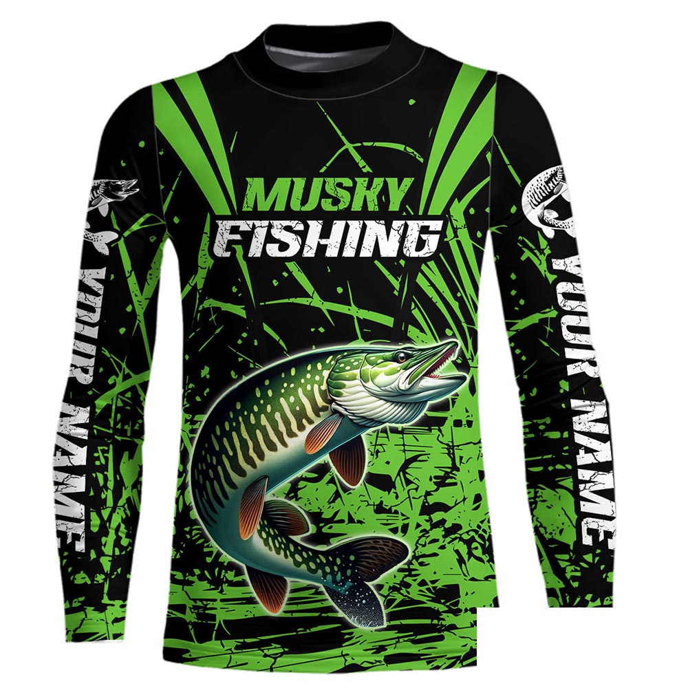 Customized Musky Fishing Long Sleeve Tournament Shirts, Muskie Fishing Gifts For Fisherman | Green IPHW6648