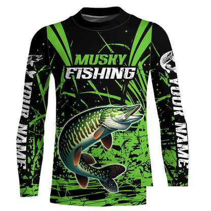 Customized Musky Fishing Long Sleeve Tournament Shirts, Muskie Fishing Gifts For Fisherman | Green IPHW6648