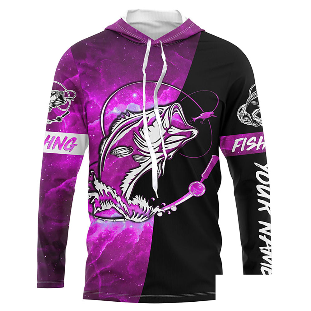 Bass Fishing tattoo pink galaxy black Custom name performance UV protection long sleeve fishing shirts NQS5399