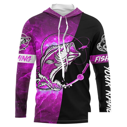 Bass Fishing tattoo pink galaxy black Custom name performance UV protection long sleeve fishing shirts NQS5399