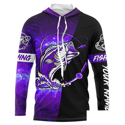 Bass Fishing tattoo purple galaxy black Custom performance UV protection long sleeve fishing shirts NQS5400