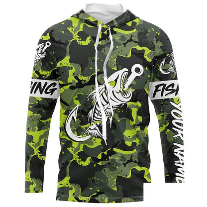 Fish hook skull Green Camo fish reaper Custom name fishing jerseys | Long sleeve, Long Sleeve Hooded NPQ838