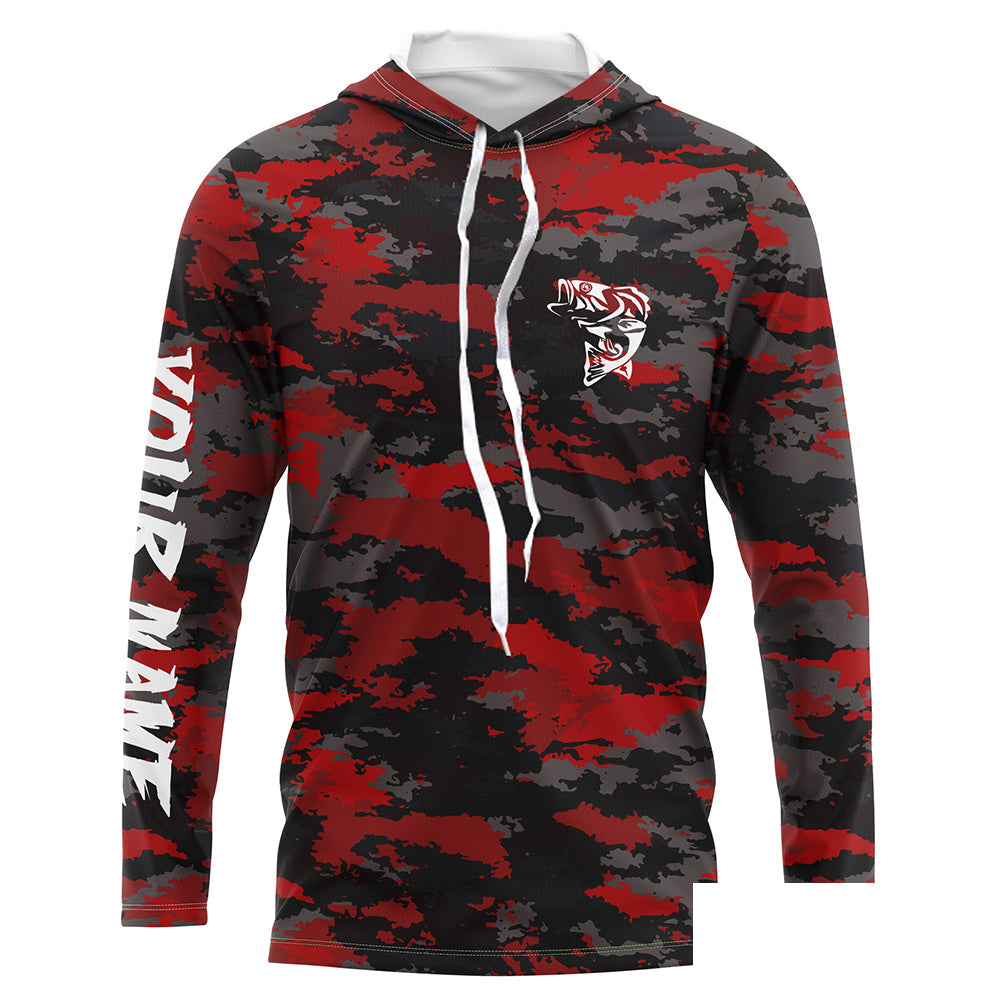 Bass fishing Red camouflage Custom Name Long sleeve, Long Sleeve Hooded Fishing Shirt - NPQ662