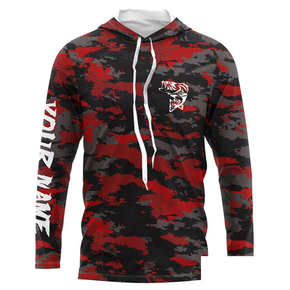 Bass fishing Red camouflage Custom Name Long sleeve, Long Sleeve Hooded Fishing Shirt - NPQ662