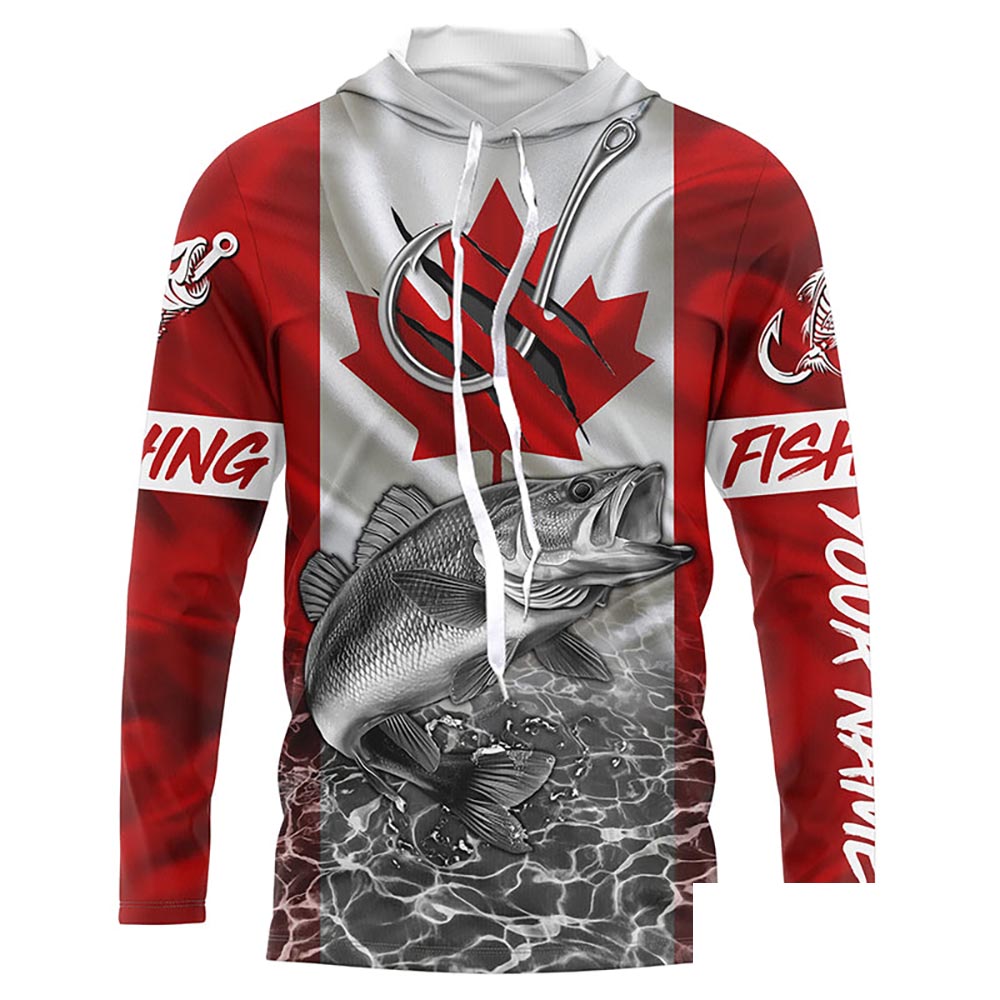 Canadian Flag Walleye Fish hook Custom long sleeve performance Fishing Shirts, Walleye Fishing jerseys NQS5459