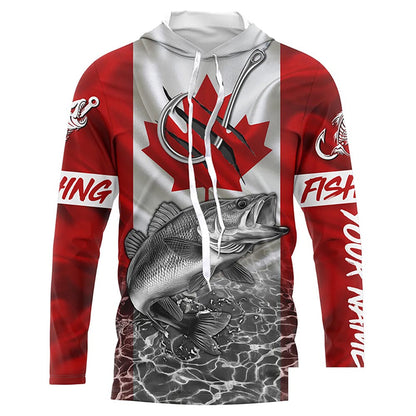 Canadian Flag Walleye Fish hook Custom long sleeve performance Fishing Shirts, Walleye Fishing jerseys NQS5459