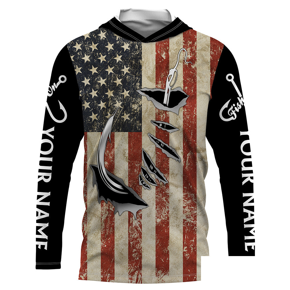 US Fishing Fish Hook American Flag patriotic Customize Name UV protection UPF 30+ long sleeves fishing shirt for men NPQ71