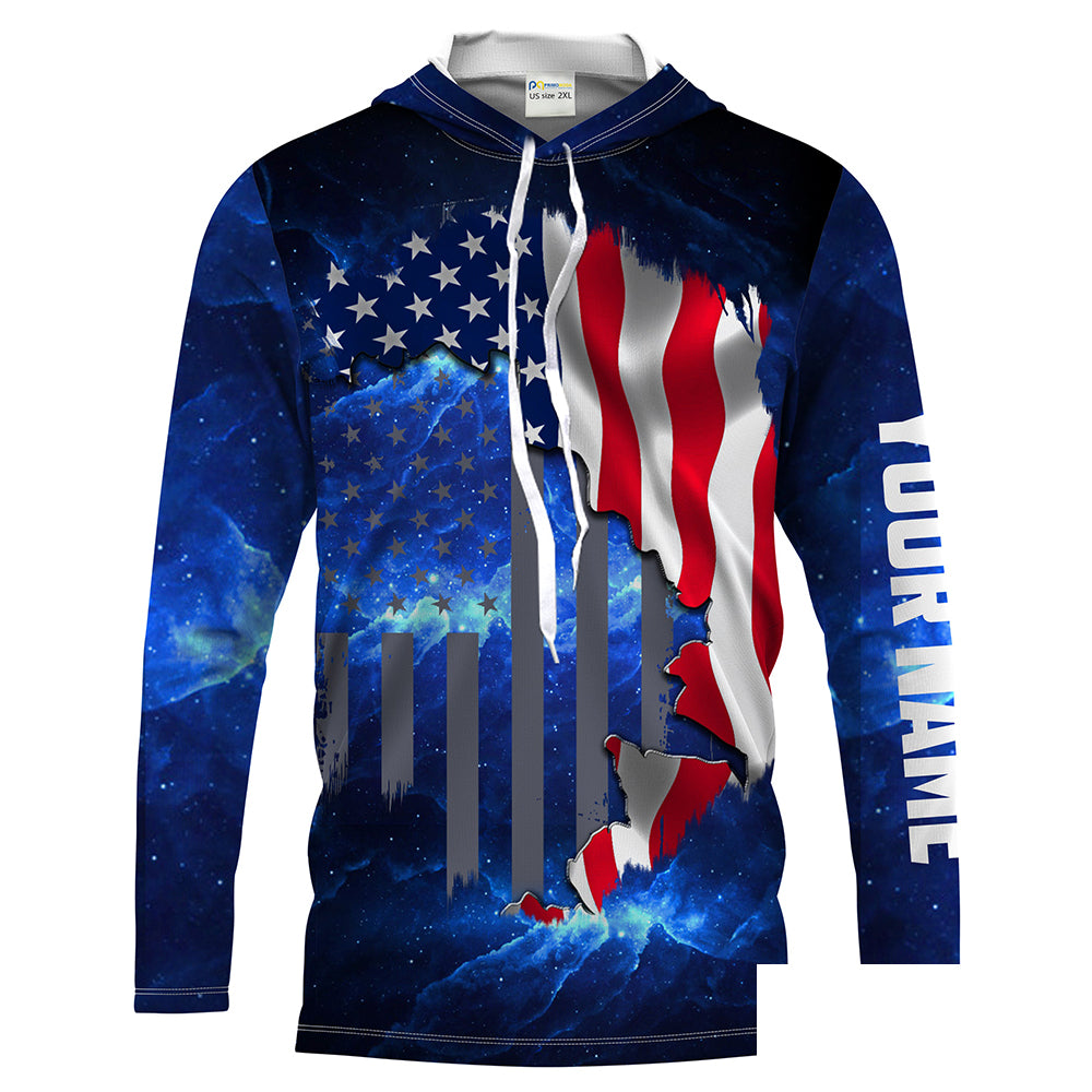 American Flag Universe patriotic Blue Customize Name long sleeves fishing shirt for men NPQ84