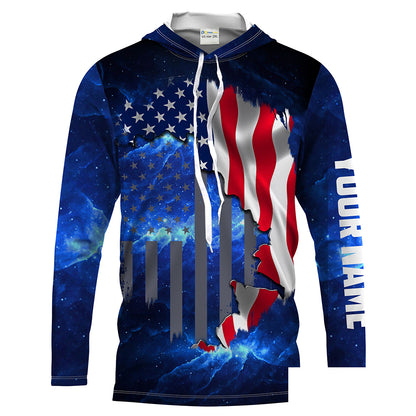 American Flag Universe patriotic Blue Customize Name long sleeves fishing shirt for men NPQ84