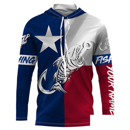 Texas flag fishing Fish hook fish skull Custom fishing Long sleeve, Long Sleeve Hooded NPQ774