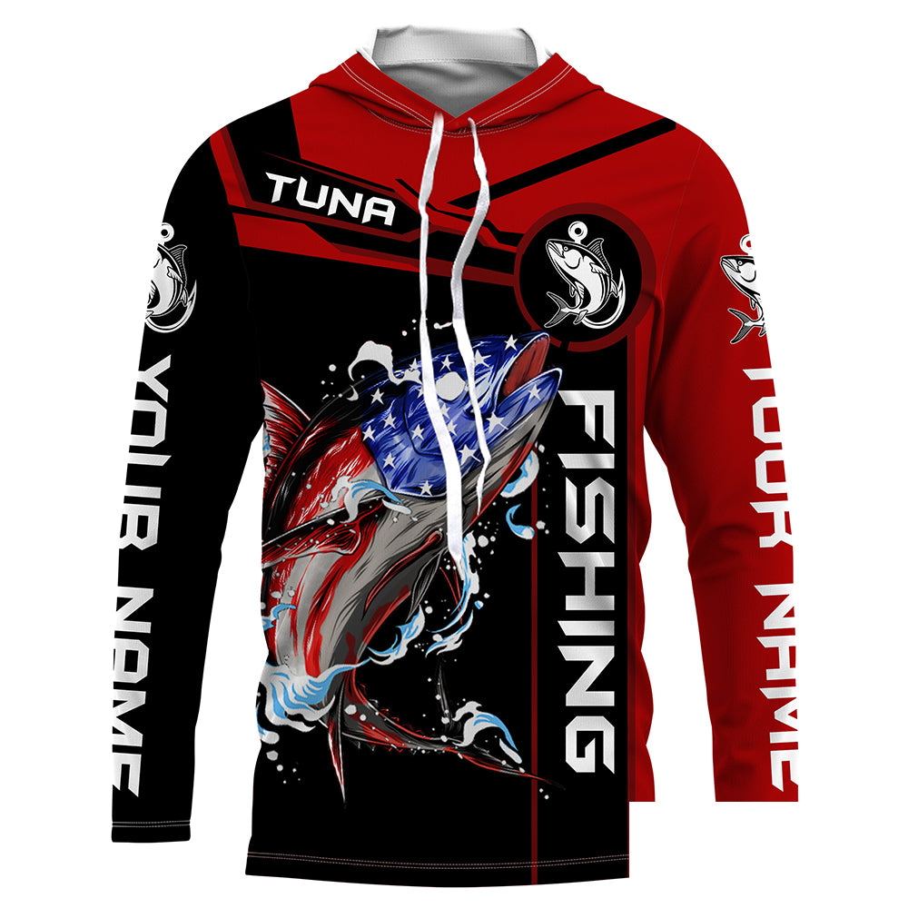 Tuna fishing American flag patriotic Custom Name Long sleeve, Long Sleeve Hooded  - Red NPQ680